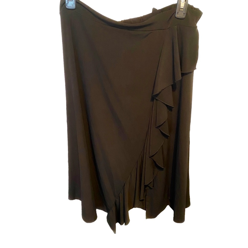 Roz & Ali Black Ruffle Front Midi Faux Wrap Skirt, Size Medium